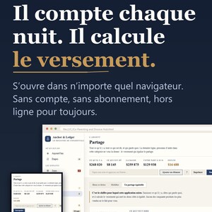 May include: A digital co-parenting ledger interface displayed on a dark background with white and gold text. The screen shows financial data, including columns for assets, debts, and equitable distribution calculations for shared expenses.