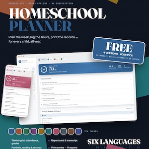 Puede incluir: Una interfaz de planificador de educación en casa digital mostrada en una pantalla de escritorio y móvil. El panel muestra seguimiento de progreso, registros de lecciones y asistencia. Incluye texto: Hearth, Homeschool Planner, Six Languages.