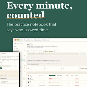 Op de afbeelding: Een digitale interface voor Hour & Casebook, een applicatie voor praktijknotitieboeken. Het scherm toont een dashboard genaamd Minutes met kolommen voor verplichtingen, sessies en verschuldigde tijd, tegen een donkergroene achtergrond.