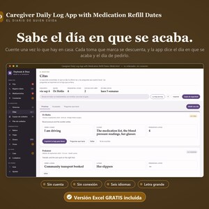 Op de afbeelding: Een digitale interface voor een dagelijkse logboek-app voor zorgverleners met medicatie-navuldata. Het scherm toont een dashboard met een zijmenu, afspraken en medische notities. Tekst: 'Sabe el día en que se acaba' en 'Versión Excel GRATIS incluida'.