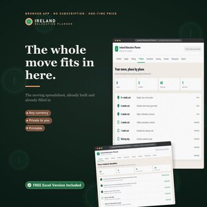 Flyttplanerare för Irland, flyttchecklista, budget, packningsspårare (digital nedladdning)