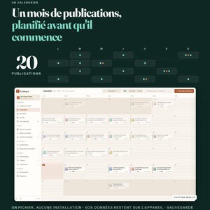 Op de afbeelding: Een donkergroene digitale contentplanner-interface genaamd Cadence, met een maandelijkse kalenderweergave, geplande berichten, takenlijsten en navigatiemenu's. Het scherm toont een gestructureerde lay-out voor het organiseren van publicaties.