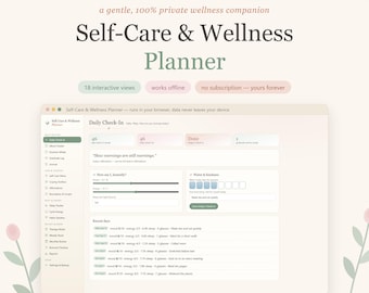 Pode incluir: Uma interface digital de planejador de bem-estar e autocuidado exibida em uma tela. O layout inclui uma seção de check-in diário com rastreadores de humor, energia e ingestão de água, uma lista de dias recentes e um menu lateral.