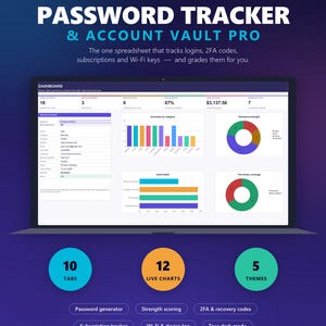 May include: A digital password tracker and account vault spreadsheet template for Google Sheets and Excel. The interface displays a dashboard with data visualizations, including bar charts, pie charts, and account details. Features include 10 tabs, 12 live charts, 5 themes, a password generator, and a subscription tracker.