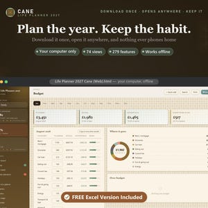 May include: A digital life planner interface titled Cane Life Planner 2027 displayed on a screen. The dashboard features a budget tracker with columns for planned and actual spending, a pie chart for expenses, and a sidebar with navigation links.