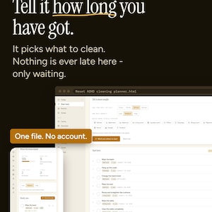 Könnte beinhalten: Eine digitale Benutzeroberfläche für einen ADHS-Reinigungsplaner auf einem Bildschirm. Der Text lautet ADHD CLEANING, Tell it how long you have got, It picks what to clean, Nothing is ever late here - only waiting und One file. No account. Das Layout enthält Aufgabenlisten, Zeitauswahltasten und Raumkategorien.