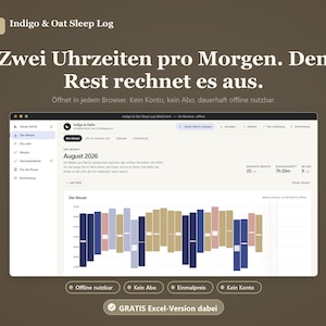 Könnte beinhalten: Eine digitale Schlaf-Tracking-Oberfläche mit dem Titel Indigo & Oat Sleep Log auf einem Bildschirm. Das Dashboard zeigt eine Monatsansicht für August 2026 mit einem Balkendiagramm in Blau, Beige und Hellrosa für Schlafdaten.