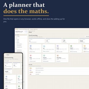 May include: A digital Life Planner 2027 interface displayed on a desktop browser and a mobile device. The screen shows a dashboard with sections for tasks, habits, and money, featuring the text A planner that does the maths and One file that opens in any browser, works offline, and does the adding up for you.
