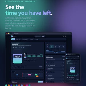 May include: A digital interface for the Elapse browser app displayed on a desktop and mobile screen. The dark-themed dashboard features time-tracking tools, including a countdown timer, task lists, and progress charts with teal and purple gradients.
