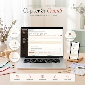 May include: A digital kitchen management system titled Copper & Crumb displayed on a laptop and smartphone. The interface features sections for this week, grocery lists, recipes, and food spending, with text indicating 11 screens, 10 themes, and 6 languages.