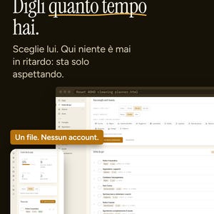 May include: A digital cleaning planner interface displayed on a screen with dark background text reading PULIZIE ADHD, Digli quanto tempo hai, Scegli lui. Qui niente è mai in ritardo: sta solo aspettando, and Un file. Nessun account.