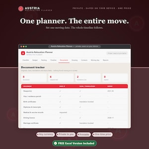 Planer przeprowadzki w Austrii, lista kontrolna przeprowadzki, budżet, śledzenie pakowania (planer cyfrowy)