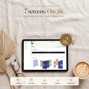 May include: A digital sleep log and diary displayed on a tablet screen, featuring data charts and the text 7 screens. One file. Everything in one app — in your browser, offline. Includes a bonus icon and navigation menu.