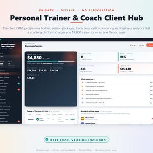 Personal Trainer Client Hub | CRM, Program Builder, Invoicing (Excel Included)