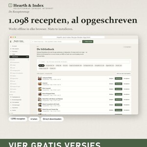May include: A digital interface for Hearth & Index, a recipe binder application. The screen displays a library of 1,098 recipes with search filters, categories, and a list of dishes. The layout includes navigation menus, buttons, and text.