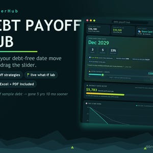 May include: A dark-themed digital dashboard titled DEBT PAYOFF HUB by browserHub. The interface displays financial metrics, including a debt-free date of Dec 2029, a $36,180 total debt figure, and an interest saved meter. It includes a slider for extra payments.