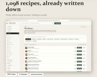 Offline Recipe Binder App, 1,098 Recipes, Meal Planner, Grocery List (HTML File)