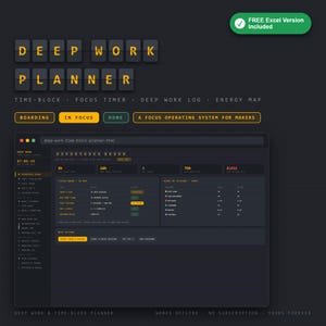 May include: A digital Deep Work Planner interface featuring a dark theme with yellow and orange text. The layout includes a status board, time-block sections, focus timer, energy map, and a task list. The text reads Deep Work Planner, A Focus Operating System for Makers, and various productivity metrics.