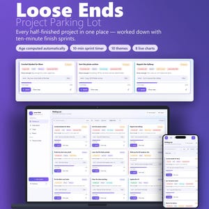 Op de afbeelding: Een digitale download van een HTML-bestand genaamd Loose Ends Project Parking Lot. De interface toont projectbeheertools, waaronder een sprinttimer van 10 minuten, 10 thema's en 8 live grafieken, weergegeven op een laptop en een mobiele telefoon.