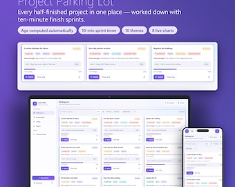 ADHD Project Tracker App, Unfinished Projects Parking Lot, 10 Minute Finish Sprint Timer, Offline HTML, No Subscription