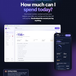 May include: A digital interface for the Cushion ADHD budget planner browser app, displaying a dashboard with a safe-to-spend balance of $156.26. The layout includes a desktop browser window and a mobile phone screen showing financial data.