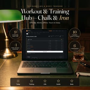 May include: A laptop displaying a digital training log and body tracker interface titled Workout & Training Hub — Chalk & Iron. The screen shows a workout schedule for Monday, October 12, 2026, with navigation icons for Today, Training, Lifts, Cardio, and Body.