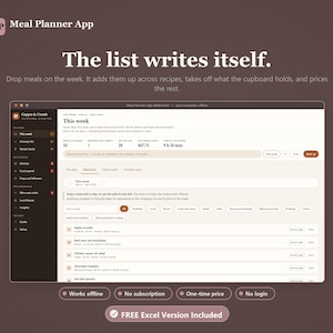 Op de afbeelding: Een digitale interface voor de Meal Planner App op een scherm, met de tekst The list writes itself. Het dashboard toont een wekelijks maaltijdrooster, receptenlijsten en hulpmiddelen voor boodschappenbeheer in een donkerbruin en crèmekleurig thema.