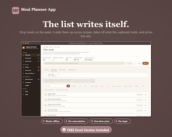 Auto Grocery List Meal Planner App | Offline Recipe Book, Budgeting (HTML File)