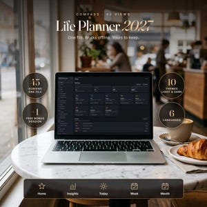 May include: A laptop displaying a digital Life Planner 2027 interface with a dark theme. The screen shows a dashboard with various categories and navigation menus. Text includes Compass, 42 Views, 45 Screens, 10 Themes, and 6 Languages.