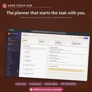 May include: A digital planner interface titled ADHD Focus Hub displayed on a screen. The layout features a weekly reset dashboard with task lists, time tracking, and progress bars. Text includes The planner that starts the task with you.