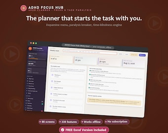 Puede incluir: Una interfaz de planificador digital titulada ADHD Focus Hub mostrada en una pantalla. El diseño presenta un panel de reinicio semanal con listas de tareas, seguimiento de tiempo y barras de progreso. Incluye el texto The planner that starts the task with you.