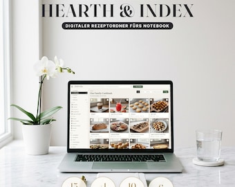 May include: A laptop displaying a digital recipe organizer titled HEARTH & INDEX. The screen shows a grid of food photos. Text above reads Alles in einem HEARTH & INDEX DIGITALER REZEPTORDNER FÜRS NOTEBOOK. Four circular badges list 15, 1, 10, and 6.