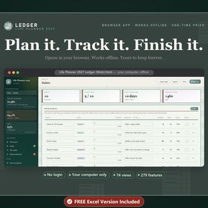 Può includere: Un'interfaccia di pianificazione della vita digitale intitolata Ledger Life Planner 2027, con una dashboard verde scuro che include tabelle di monitoraggio delle abitudini, metriche di progresso e menu. Il testo Plan it. Track it. Finish it. è visibile.