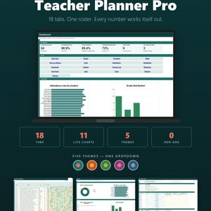 May include: A digital Teacher Planner Pro for Google Sheets and Excel featuring a dashboard with 18 tabs, 11 live charts, and 5 themes. The interface displays student attendance, grade distribution, and roster data with a dark green background.