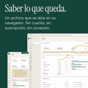 May include: A digital budget planner interface displayed on two screens with a dark green background. The text reads Stash, Carpeta de Presupuesto, Saber lo que queda, and details financial summaries, envelopes, and goals in Euros.