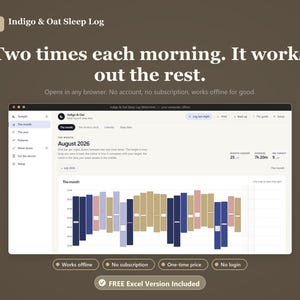 Peut inclure: Une interface de journal de sommeil numérique intitulée Indigo & Oat Sleep Log affichée sur un écran. Le tableau de bord présente un graphique mensuel avec des barres bleues, beiges et violettes, et le texte Two times each morning. It works out the rest.