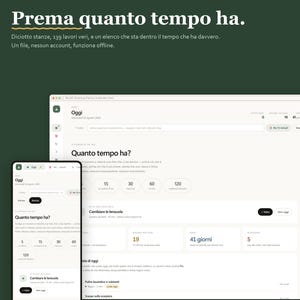 May include: A digital cleaning planner interface displayed on a desktop monitor and a smartphone screen. The dark green background features white text including 'Prema quanto tempo ha.' The software shows task lists, time selection buttons, and status indicators.