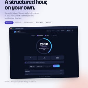 May include: A digital interface for the Alongside productivity tool, featuring a dark-themed dashboard with a central circular timer set to 26:50, task tracking sections, and navigation buttons for session management, history, reports, and settings.