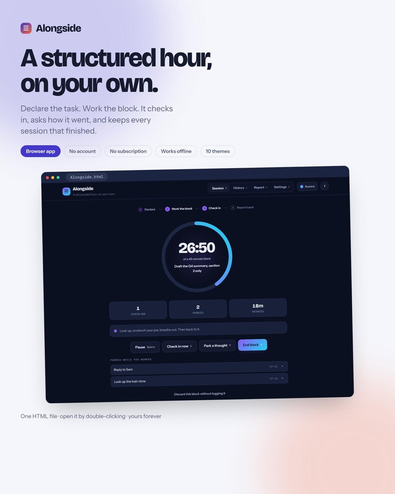 Focus Session Timer App for Deep Work, Pomodoro Tracker with Live Charts and Report, ADHD Productivity Planner, Offline Browser App image 1