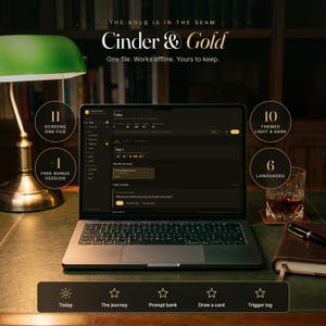 May include: A laptop displaying the Cinder & Gold digital interface with text reading The Gold Is In The Seam, One file. Works offline. Yours to keep. Features include 11 screens, 10 themes, 6 languages, and a bonus version.
