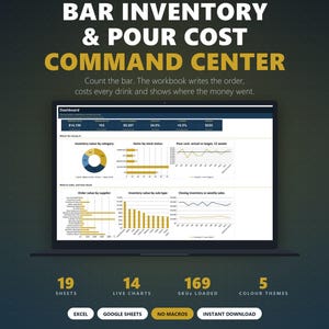 Puede incluir: Un kit de herramientas para gerentes de bar titulado Bar Inventory & Pour Cost Command Center. La pantalla muestra un panel con gráficos y tablas de datos. El texto incluye 19 hojas, 14 gráficos en vivo, 169 SKU cargados y 5 temas de color.