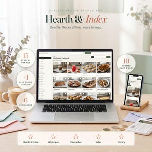 May include: A digital recipe binder app titled Hearth & Index displayed on a laptop and smartphone. The interface shows a grid of food photos, categories, and search functions. Text includes 15 screens, 10 themes, and 6 languages.