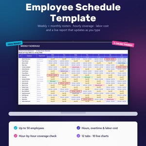 Puede incluir: Una plantilla digital de horarios de empleados para Microsoft Excel y Google Sheets. La interfaz muestra un calendario semanal con nombres, departamentos y turnos. Incluye capacidad para 50 empleados, control de costes laborales, 12 pestañas y 10 gráficos.