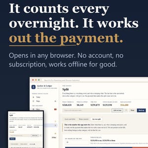Puede incluir: Una herramienta digital de registro de coparentalidad en una pantalla con el texto: THE CO-PARENTING RECORD. It counts every overnight. It works out the payment. Opens in any browser. No account, no subscription, works offline for good.