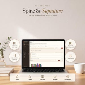 May include: A laptop displaying the Spine & Signature digital interface with text reading 'No last page', 'One file. Works offline. Yours to keep.' Circular badges highlight '10 screens one file', '10 themes light & dark', and '6 languages'.