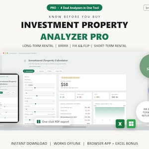 May include: A digital investment property analyzer tool displayed on a laptop and smartphone screen. The interface features input fields, sliders, and financial metrics including cash flow, cap rate, and IRR. Text includes Investment Property Analyzer Pro.