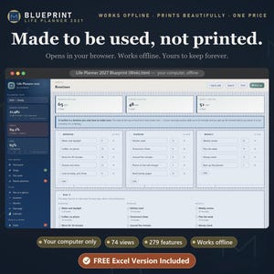 May include: A digital life planner interface titled Blueprint Life Planner 2027 displayed on a screen. The layout features a dark blue sidebar with navigation menus and a light-colored main area showing routines, morning, evening, and weekly tasks.
