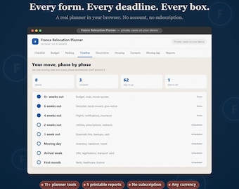 France Relocation Planner, Moving Checklist, Budget, Packing Tracker (Digital Download)