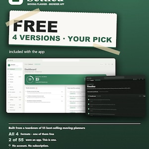 May include: A digital moving planner browser app titled Settled, featuring a dashboard interface with a countdown timer, task lists, and a timeline view. The promotional graphic includes text stating Free 4 versions, your pick, and highlights features like offline functionality, no subscription, and 10 themes in 6 languages.
