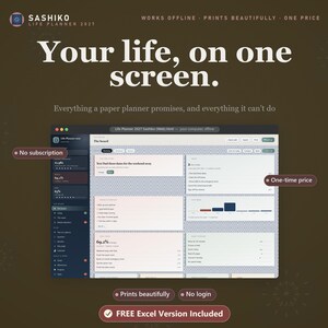 Könnte beinhalten: Eine digitale Lebensplaner-Oberfläche auf einem Bildschirm mit dem Text "Your life, on one screen." Das Dashboard zeigt eine dunkle Seitenleiste und einen hellen Hauptbereich mit Aufgabenlisten, Fortschrittsbalken und Diagrammen. Beschriftungen umfassen "No subscription," "One-time price," "Prints beautifully," "No login," und "FREE Excel Version Included."
